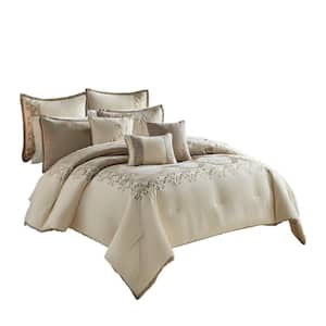 9-Piece Cream and Gold Damask Polyester Queen Comforter Set