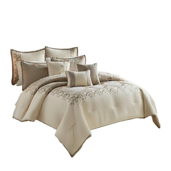 Benjara 9-Piece Cream and Gold Damask Polyester Queen Comforter Set