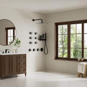 Thermostatic 7-Spray 12 in. Wall Mount Round Shower System with Shelf and Hooks in Matte Black (Valve Included)