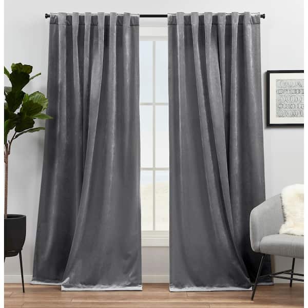 EXCLUSIVE HOME Velvet Grey Solid Light Filtering Hidden Tab / Rod Pocket Curtain, 52 in. W x 96 in. L (Set of 2)