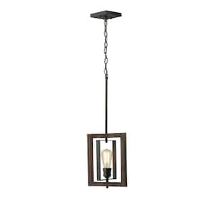 Palermo Grove 10 in. 1-Light Gilded Iron Farmhouse Kitchen Island Mini-Pendant with Hand Painted Walnut Accents