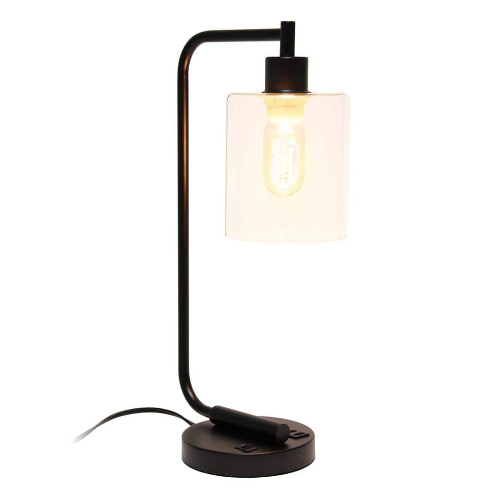 Arcadian Black Iron Desk Lamp with USB Ports and Glass Shade