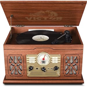 State Bluetooth Turntable Record Player, CD/MP3/Cassette Player, FM Radio and Built-In Stereo Speakers, Mahogany