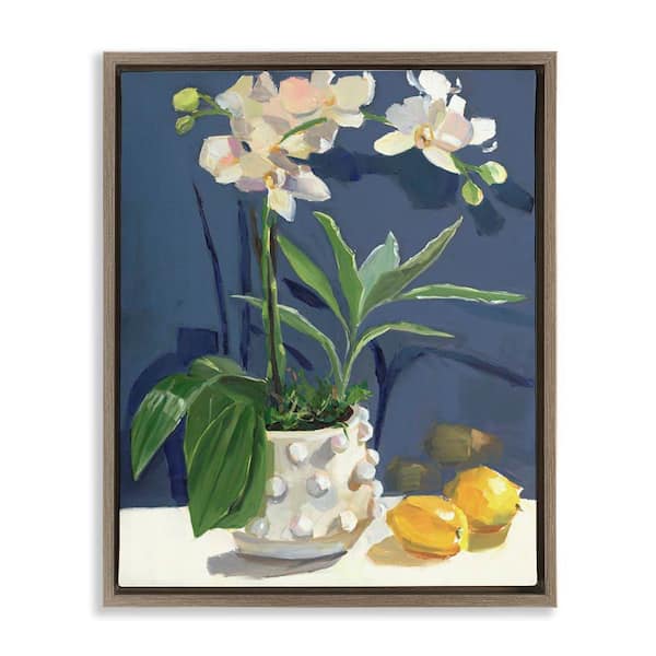 Stupell Industries White Orchids & Lemons by Jenny Westenhofer Brown Floater Frame Nature Graphic Art Print 31 in. x 25 in.