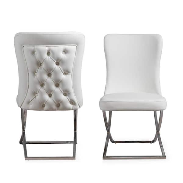 Ottomanson Royal 20 in. W x 37.5 in. H Leatherette Pearl White/Silver Upholstered Dining Side Chair No Assembly Required (Set of 2)