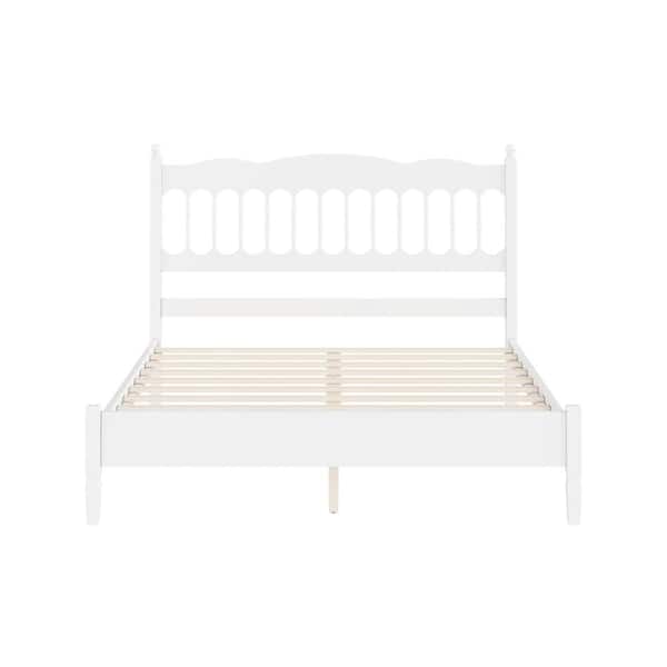 White Queen Wood Bed Frame with Spindle Headboard Heavy-Duty Platform Bed with Slats Support, No Box Spring Required