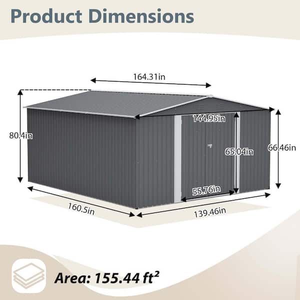 14 ft. W x 12 ft. D Outdoor Metal Shed with Double Doors Gray (168