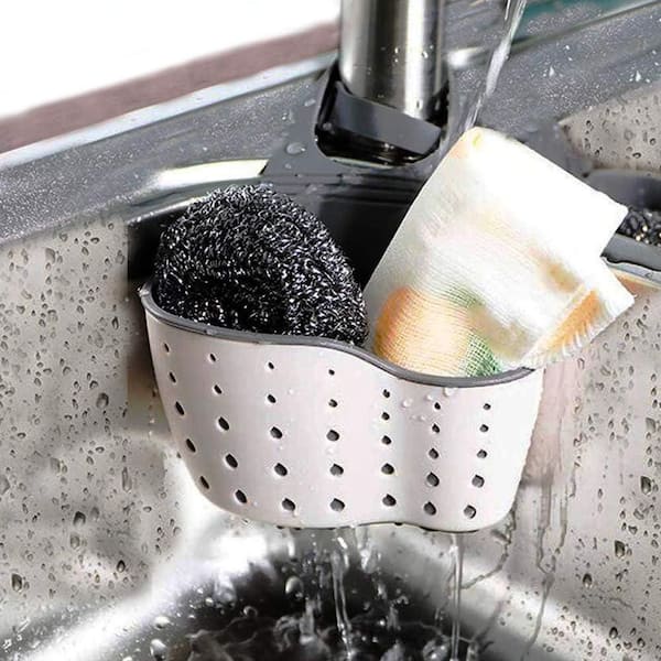 Hanging Sink Caddy for Sponge and Soap, Adjustable Strap with Drain Holes, Beige, Made from Eco-Friendly Materials