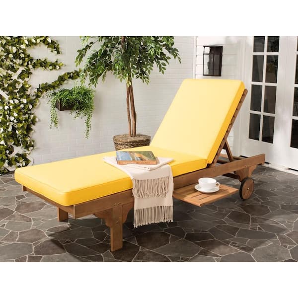 SAFAVIEH Newport Natural Brown 1-Piece Wood Outdoor Chaise Lounge Chair with Yellow Cushion