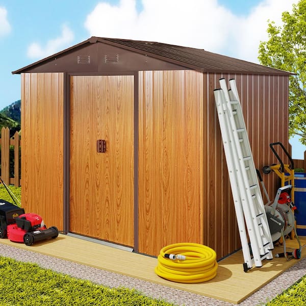 ToolCat 8 ft. x 6 ft. Outdoor Metal Storage Shed Garden Tool Room with Floor Base and Sliding Doors, Coffee (39 sq. ft.)