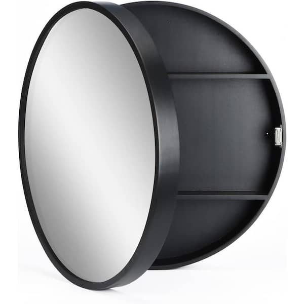 Unbranded 24 in. W x 24 in. H Black Bathroom Round Metal Wall Mounted Medicine Cabinet with Mirror, 3-Level Storage Shelf