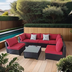 7-Piece Black Wicker PatioOutdoor Sofa Loveseat Conversation Seating Set with Red Cushions