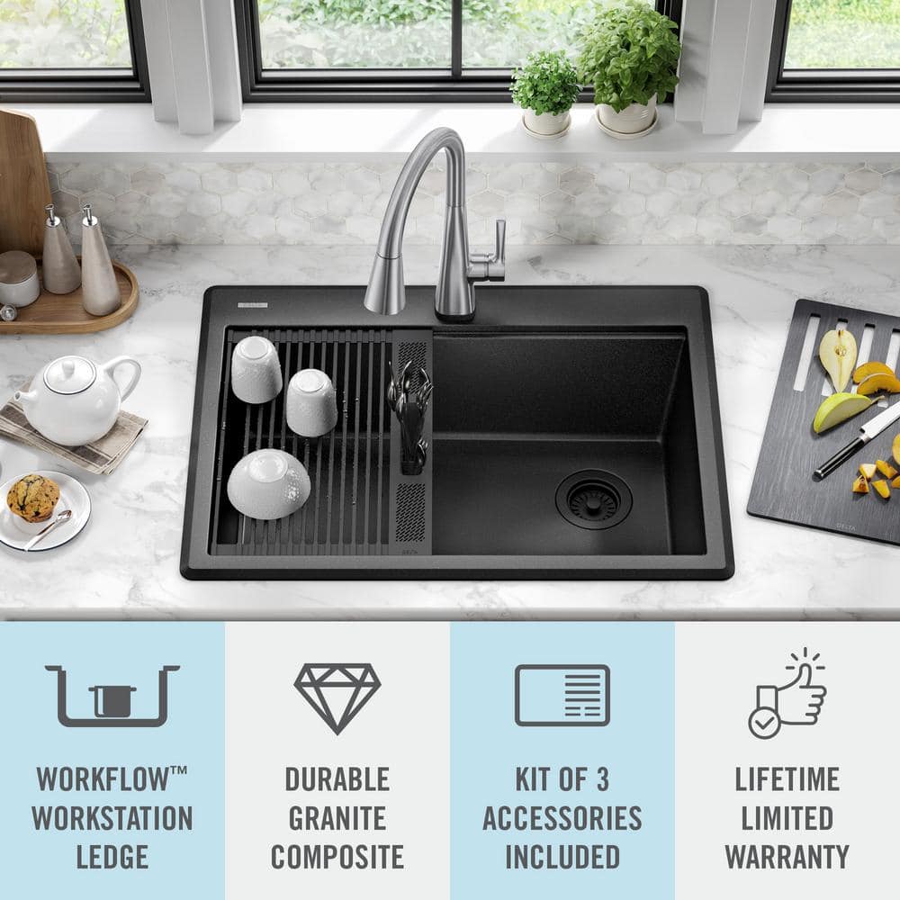 Black Granite Composite Single Bowl Kitchen Sink with WorkFlow Ledge