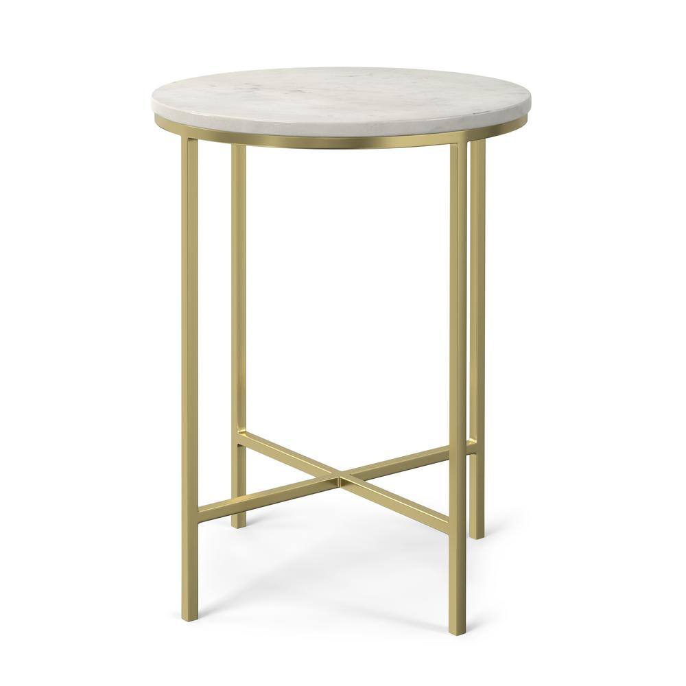 Gold Metal and White Marble Round Side Table, 16 inch