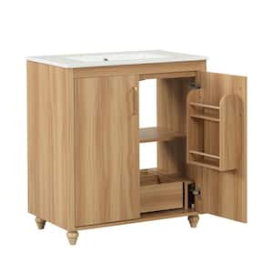 30 in. W x 18.3 in. D x 34.4 in. H Freestanding Bath Vanity in Natural w White Ceramic Single Sink Top, Doors & Drawer