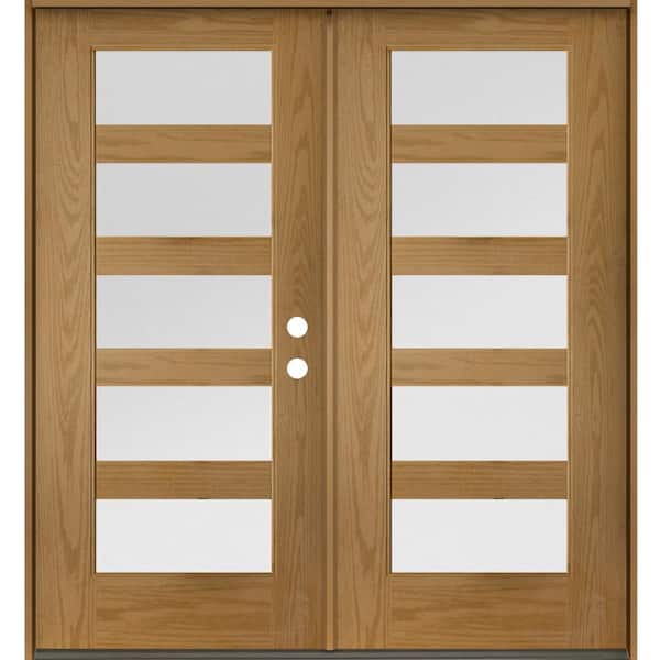 ASCEND Modern 72 in. x 80 in. 5-Lite Left-Active/Inswing Satin Glass Bourbon Stain Double Fiberglass Prehung Front Door