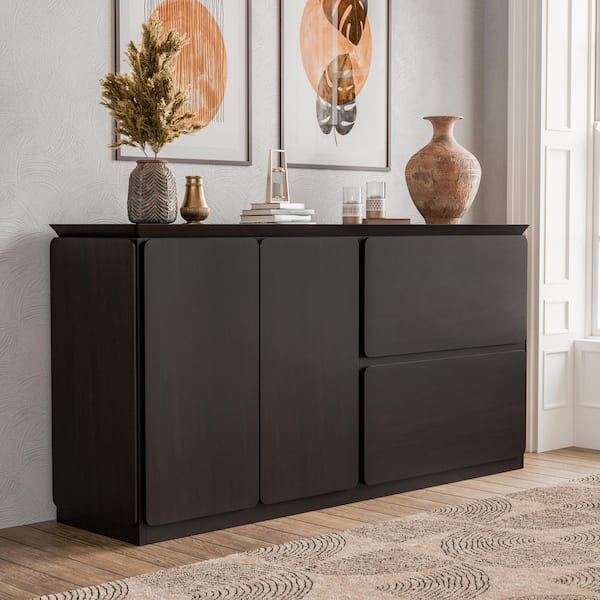 Furniture of America Shelun Black Wenge Wood 71 in. Buffet Server with Rounded Corner and Hidden Drawers