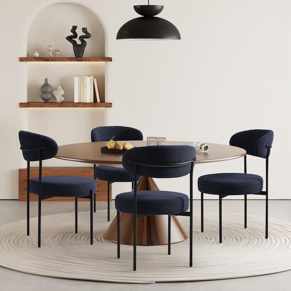 WESTINFURNITURE Bayville Modern Sherpa Upholstered Metal Frame Side Dining Chair (Set of 4) in Navy Blue