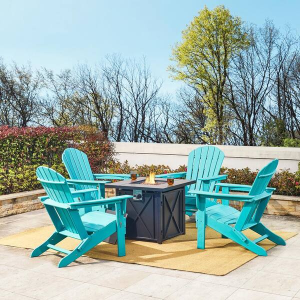 Glitzhome 5-Piece 50000-BTU Tiles Top Aluminum Propane Patio Fire Pit and HDPE Folding Adirondack Chairs Set