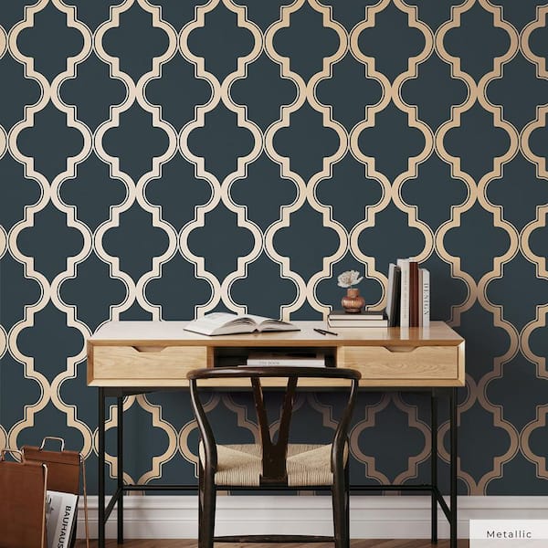 Midnight and Metallic Gold Marrakesh Vinyl Peel and Stick Wallpaper Roll (Covers 28 sq. ft.)