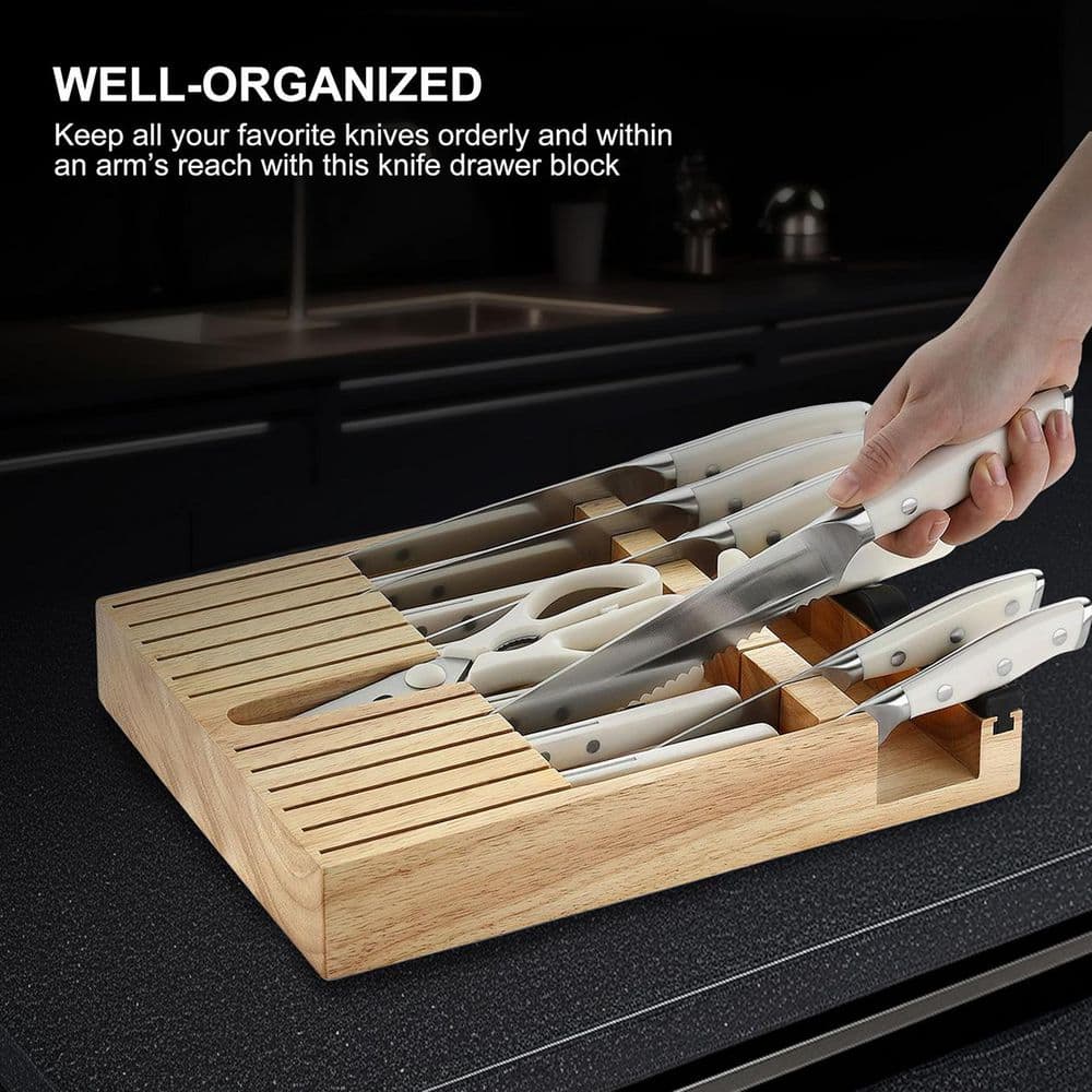 11-Knife In-Drawer High Carbon Stainless Steel Knife Storage Set with Wooden Block and Cutting Board, White - Thumbnail 2