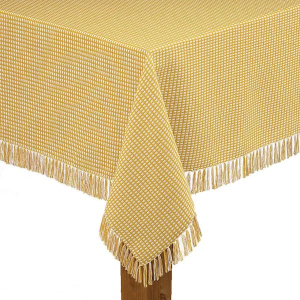 Homespun Fringed 70 in. Round Gold Checkered 100% Cotton Tablecloth