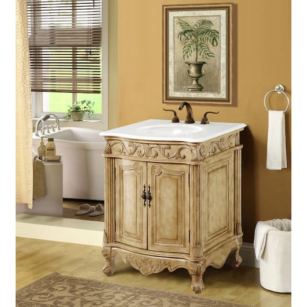 Simply Living 27 in. Single Sink Antique Beige Bath Vanity with Ivory White Engineered Marble Top