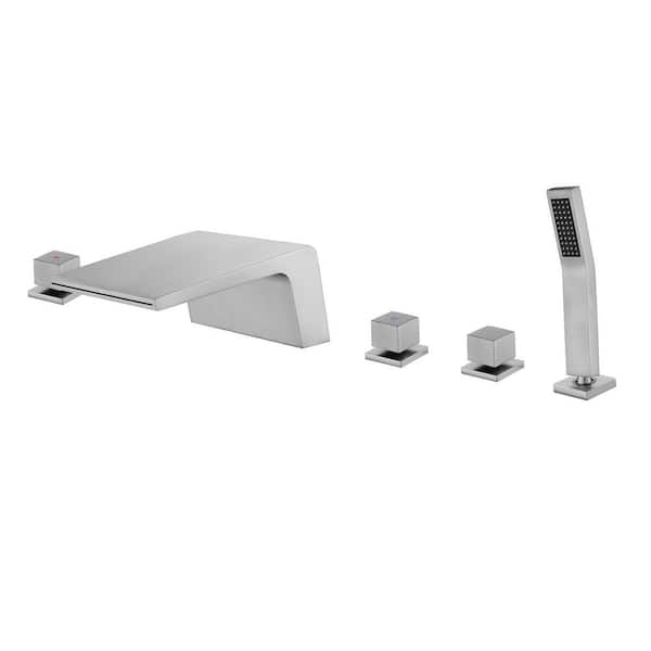 3-Handle Deck Mount Roman Tub Faucet with Hand Shower, Wide Spout 5 Hole Shower Faucet in Brushed Nickel