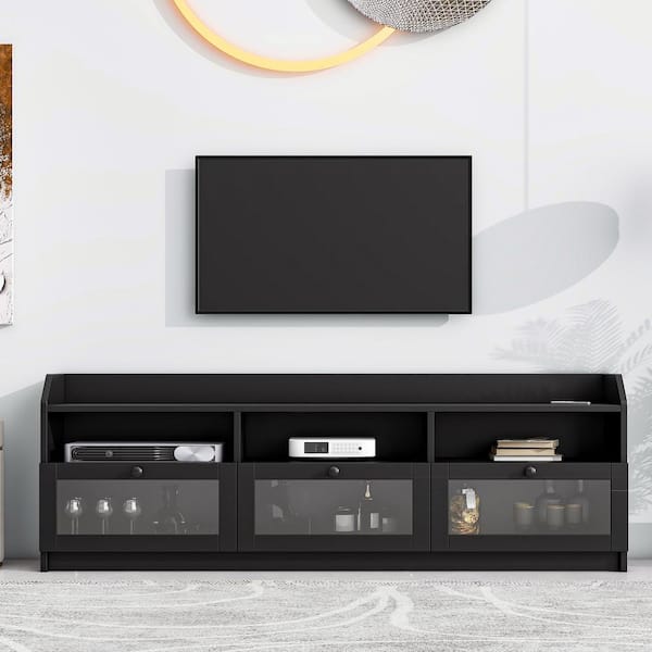 Polibi Black TV Stand Fits TV's up to 65 in. with Acrylic Board Door, Media Console and Storage