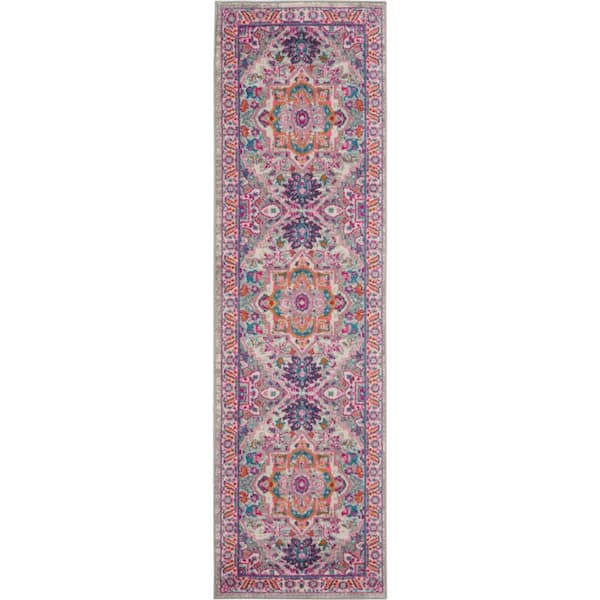 Nourison Passion Light Grey/Pink 2 ft. x 10 ft. Persian Medallion Transitional Kitchen Runner Area Rug