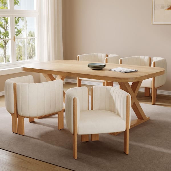 Luther Modern Beige Fabric Upholstered Dining Arm Chairs Solid Wood Frame, (Set of 4)