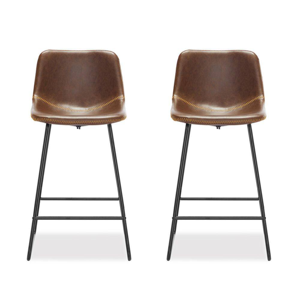 LUE BONA 33 in. Dark Brown Low Back 24 in. H Faux Leather Bar Stools