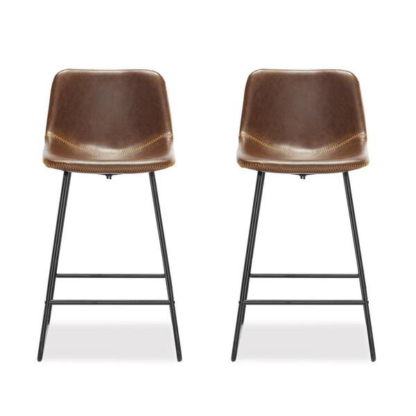 LUE BONA 33 in. Dark Brown Low Back 24 in. H Faux Leather Bar Stools
