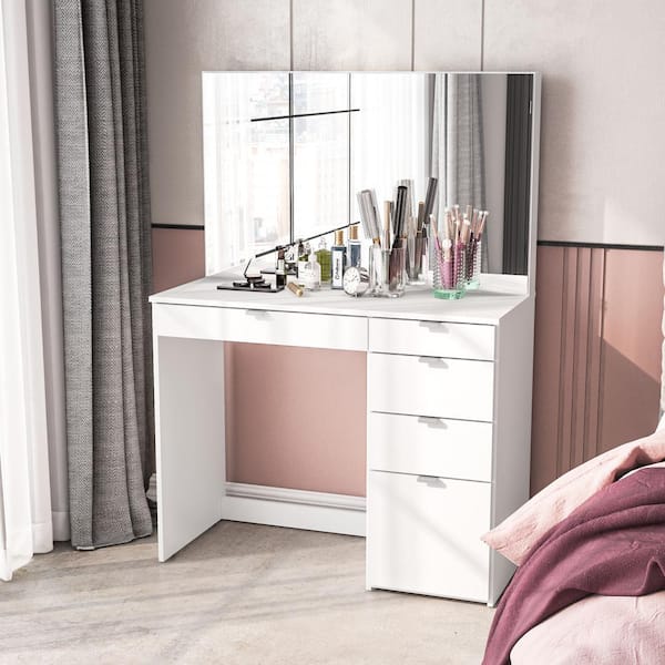 Linden White 5-Drawer Makeup Vanity with Mirror