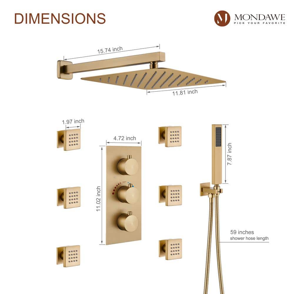 Brushed Gold Dual Square Wall Mounted Shower System with Body Jets