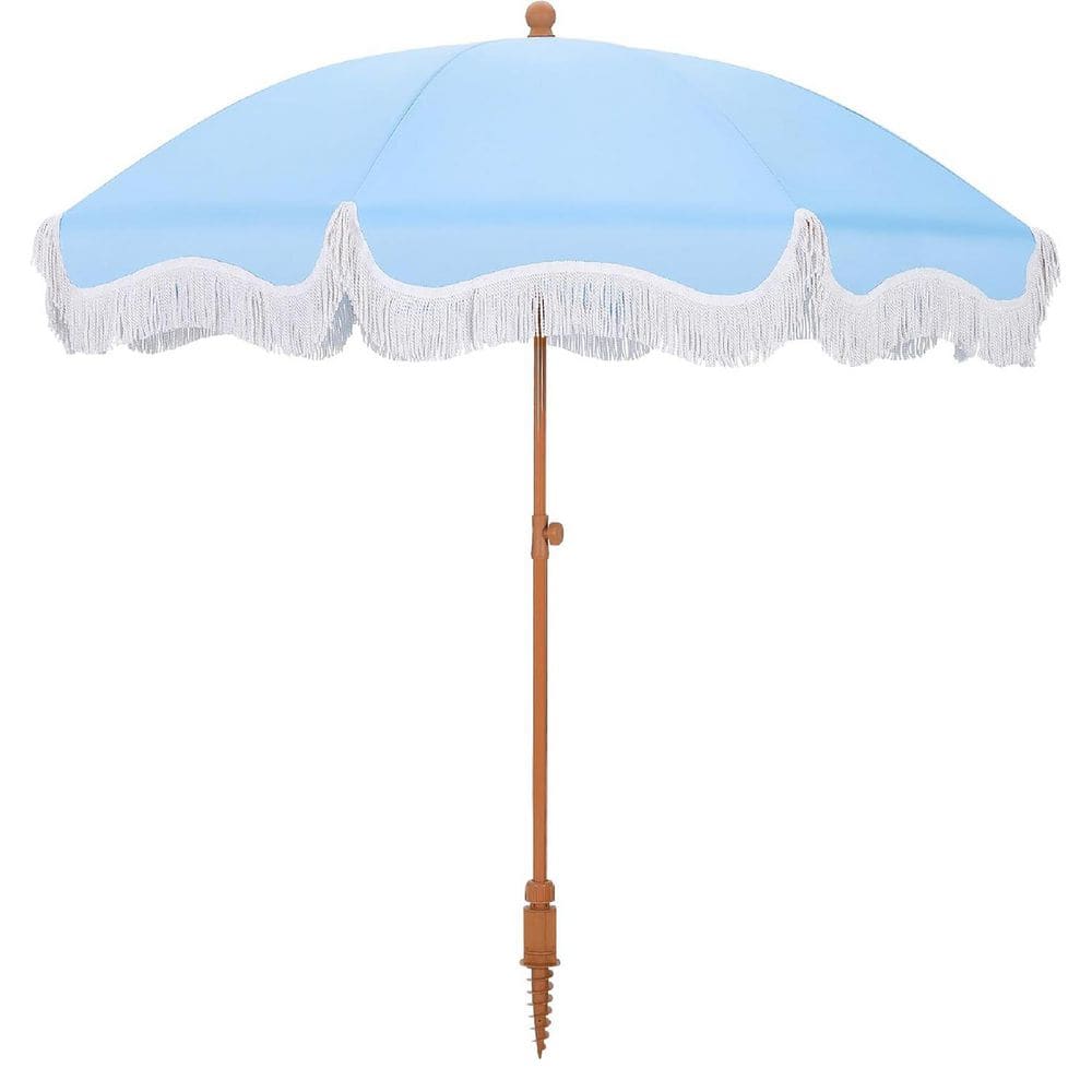 7 ft. Metal Tilt Beach Umbrella in Blue with Fringe