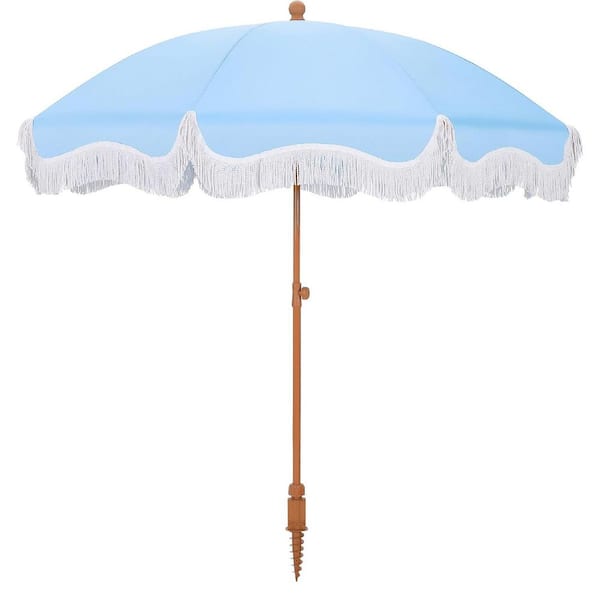 Unbranded 7 ft. Metal Tilt Beach Umbrella in Blue with Fringe