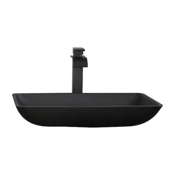 Unbranded Handmade Countertop Matte Black Glass Rectangular Bathroom Vessel Sink with Faucet and Pop-Up Drain