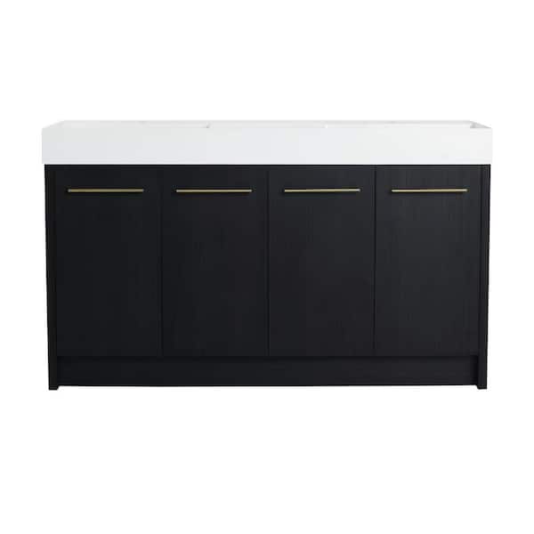 Dimakai 59.1 in. Freestanding Double Sink Bath Vanity with White Resin Top and Soft Close Doors in Black