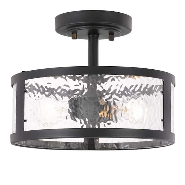 Worldwide Lighting Savannah 11.8 in. x 11.8 in. x 9 in. 2-Light Black Finish Water Grain Glass Semi-Flush Mount