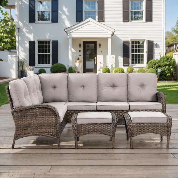 moosprr 4-Piece Brown Wicker Outdoor Sectional Set with Olefin Beige Cushions and L-Shaped Sofa/Ottomans