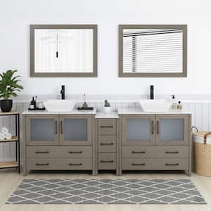 Ravenna 84 in. Double Sink Freestanding Driftwood Gray Bathroom Vanity with White Engineered Marble Top and Mirror
