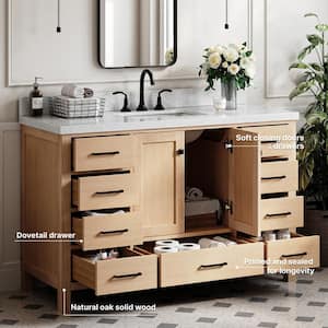 Cambridge 55 in. W x 22 in. D x 36 in. H Single Sink Bath Vanity in Oak with Italian Carrara Marble Top