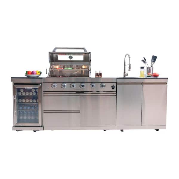 Biscayne Bay 46 in. 4-Burner 72,000 BTU Stainless Steel Outdoor Kitchen BBQ Grill Island, Wine Refrigerator, Rotisserie, in Sliver