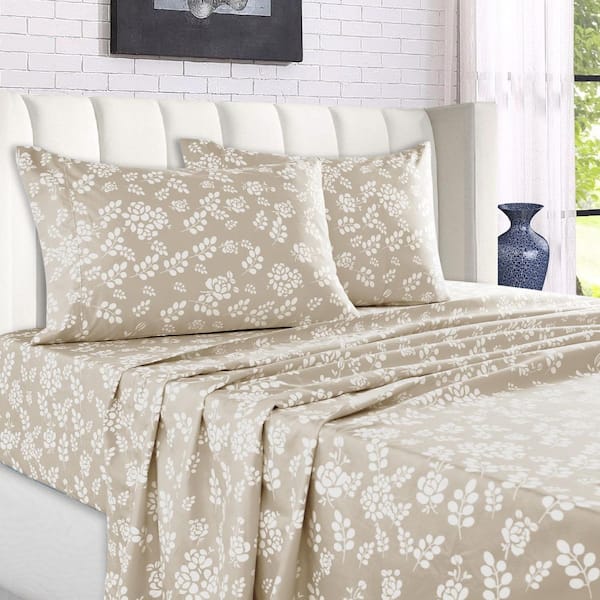 Lux Decor 4-Piece Microfiber Sheet Set Floral Bed Sheet with Deep Pocket Fitted Sheet and Pillowcases-Queen Taupe