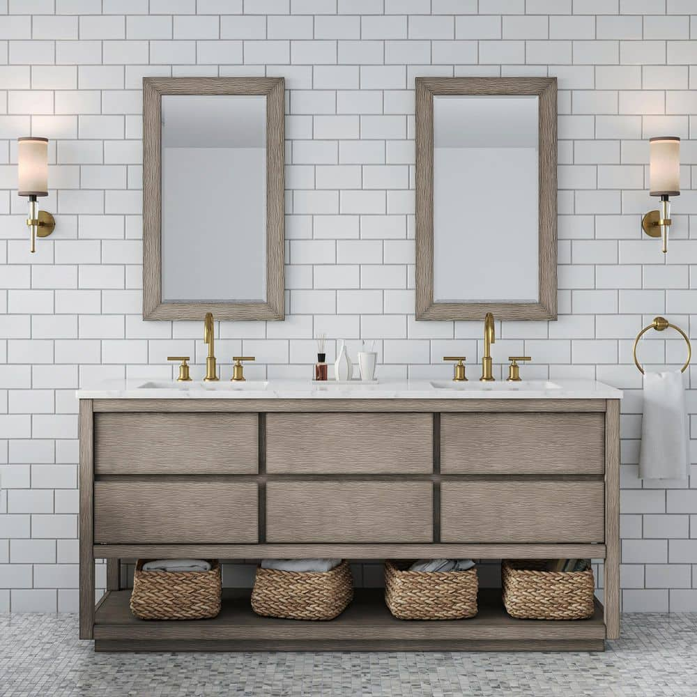 Farmhouse 72 in Double Sink Bathroom Vanity in Grey with Calacatta Gold  Quartz Countertop