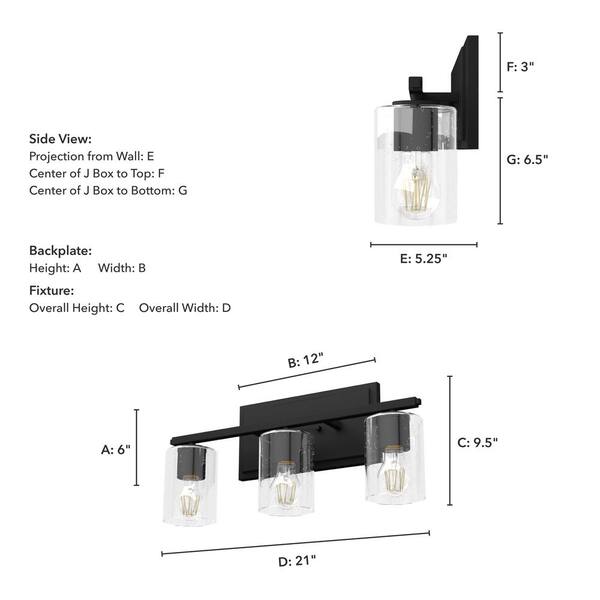 Hunter - Kerrison 21 in. 3-Light Natural Iron Vanity-Light with Clear Seeded Glass Shades