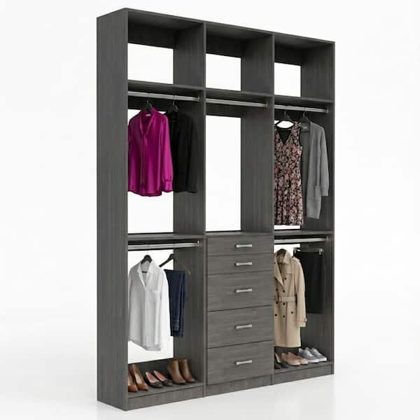 Alto Collection 81 in W Grey Wall Mounted 2 Double Hang and 5-Drawer w Extensions Wood Closet System