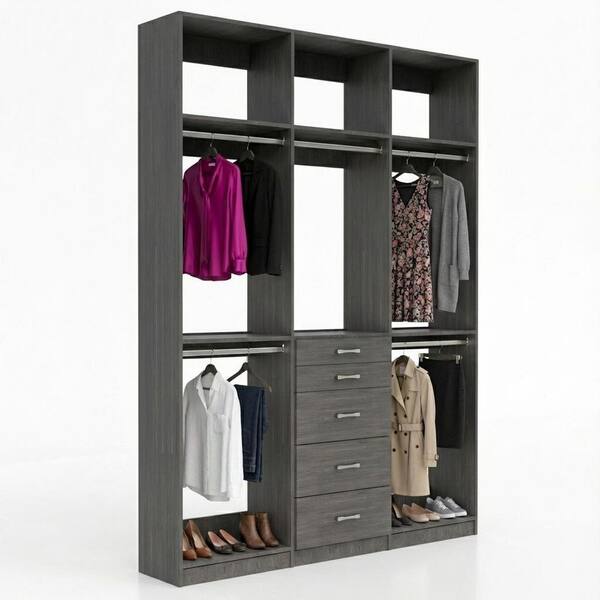 Alto Collection 93 in. W Grey Wall Mounted 2 Double Hang and 5-Drawer w Extensions Wood Closet System