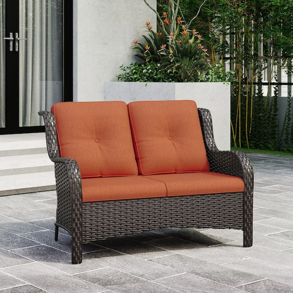 2-Seat Wicker Outdoor Patio Loveseat Sofa Couch with Soft Orange Cushions
